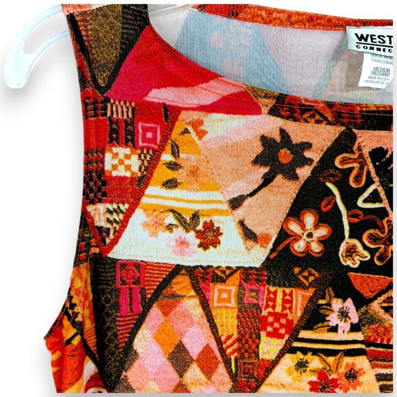 Western Connection-Women's Tank Top-MEDIUM-Orange-Black-Yellow-Casual Crew Neck - Picture 3 of 9